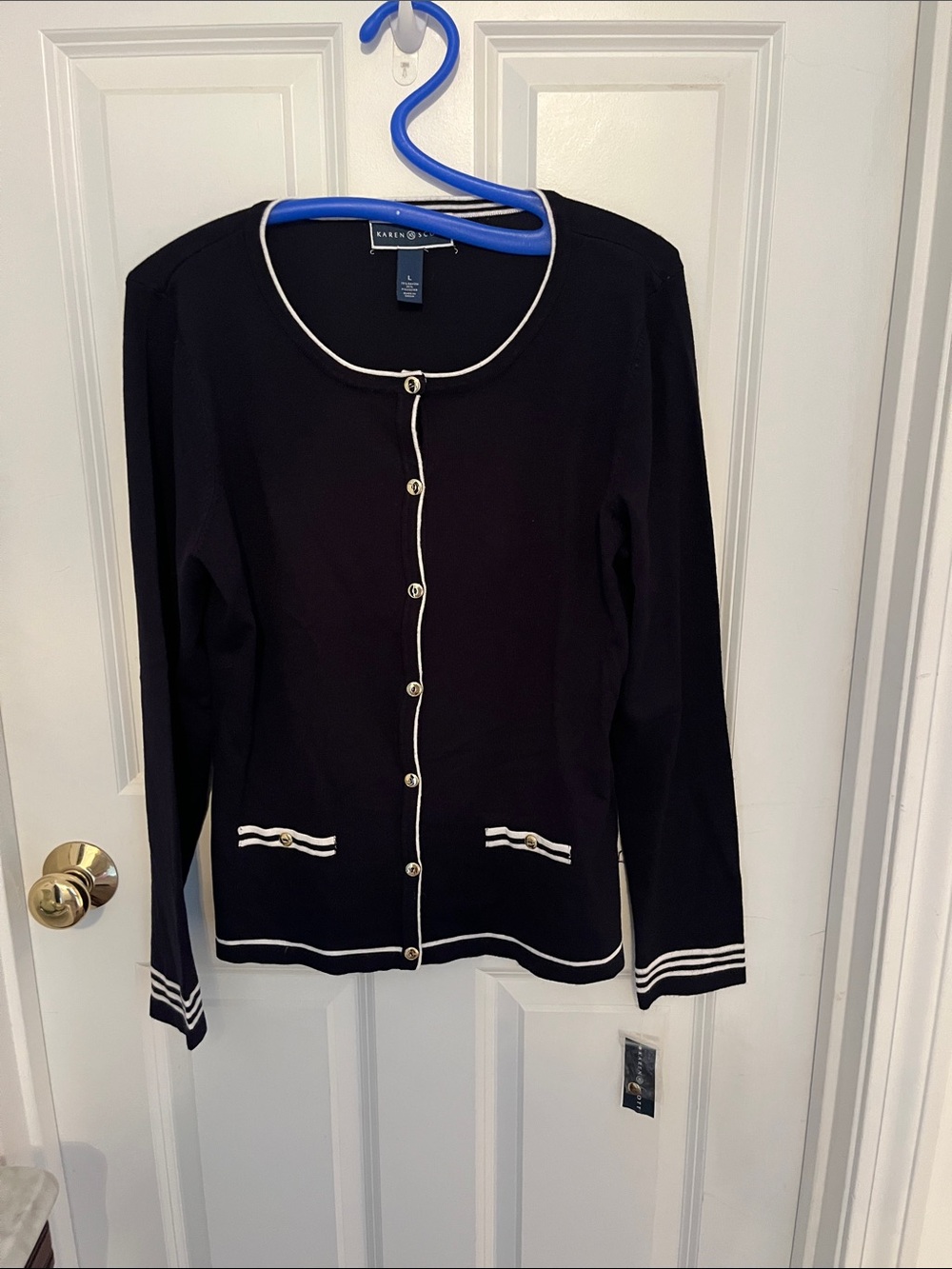 NWT!! Karen Scott Navy Cardigan with White Piping and Gold Buttons